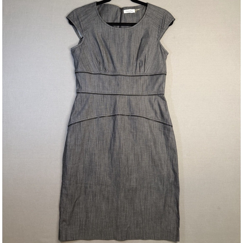 Calvin Klein 6 Gray Solid Sheath Knee-Length Round Neck Cap Sleeve Zip Dress